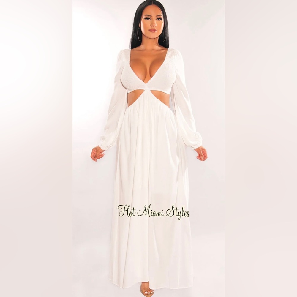 Hot Miami Styles White V Neck Smocked Cut Out Long Sleeve Maxi Dress
